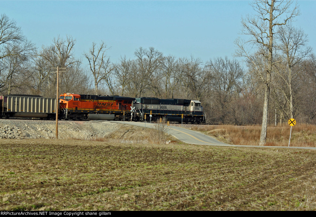 BNSF 9666 Heads Sb With a loaded coal.